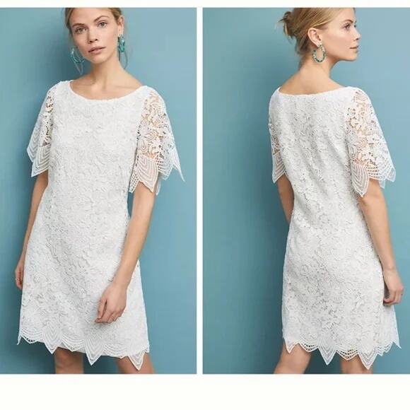 Anthropologie Charleston White Lace Short Sleeve Mini Dress Women's Size 14 - Picture 1 of 8